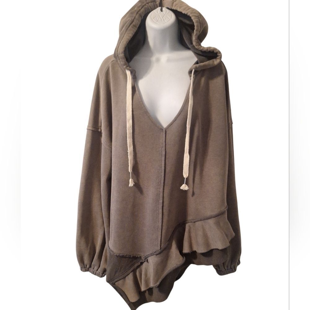 POL khaki asymmetrical oversized V neck hoodie size M